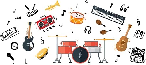 SUPERDANT Calcomanía de pared de música rock, instrumento musical, tambores extraíbles, guitarra de piano electrónico, calcomanías de pared para