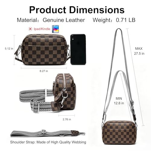 Image of Small Crossbody Bags for Women Genuine Leather, Guitar Strap Shoulder Handbag Purse Camera Bag with Rfid Card Slots, Khaki Checkered