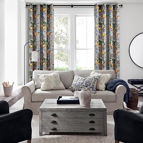Image of Topfinel Gray Patterned Curtains 96 Inch Long for Living Room, Bedroom Blackout Elegant Vintage Botanical Floral Hummingbird Drapes Grommet Window Treatments for Sliding Door 2 Panel 96 Inch Length