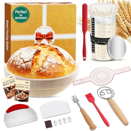 Complete Sourdough Starter Kit, 9 Inch Bread Proofing Basket, 24 Oz Sourdough Starter Jar - image 1