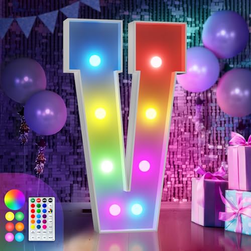 Image of Imprsv Colorful 3FT Marquee Letters V, 18 Colors Large Light up Letters | RGB with Remote, Birthday Party Decorations Anniversary Wedding Decorations Assembly Required 21 Pcs Accessory Set