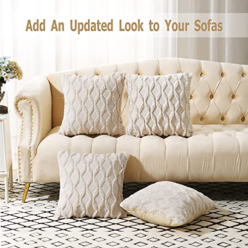 Volcanics Pack of 2 Faux Wool Throw Pillow Covers 16x16 Inches Decorative Farmhouse Velvet Couch Pillow Case Soft Plush Square Boho Cushion Pillowcase, Beige