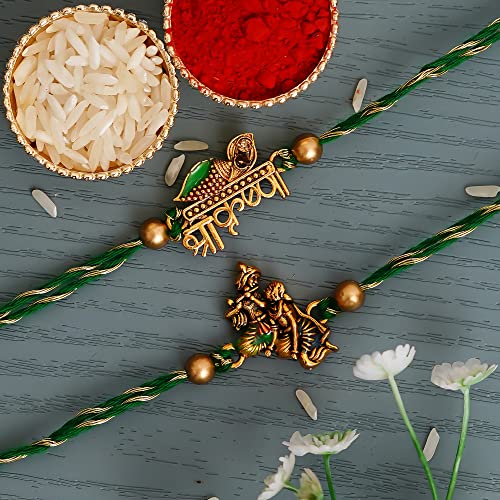Image of eCraftIndia Set of 2 Green & Golden Shri Krishna and Radha Krishna Playing Flute Designer Religious Rakhis, Best Bro Ever Fridge Magnet with Roli Chawal Pack - Rakhi for Brother, Bhaiya, Bhai