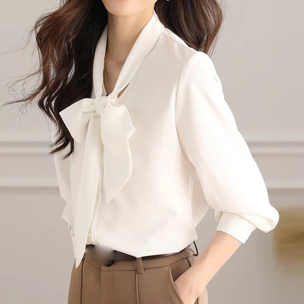 Women's Elegant Solid Chiffon Bow Shirt Long Sleeve All-Match White Blouse Vintage Top