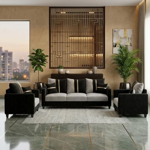 Image of Jester Plush Comfort Sofa Set | 3 Seater + 1 Seater + 1 Seater | Luxury Velvet Suede Fabric | Modern Living Room Sofa | Black - Light Gray