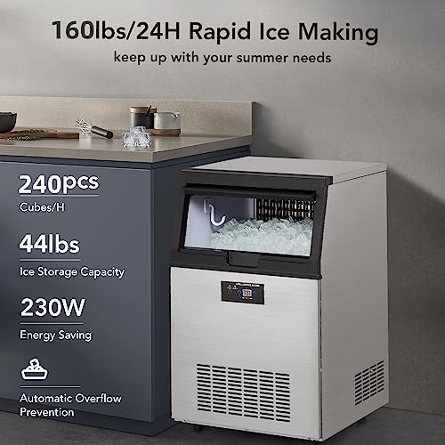 Image of GARVEE Commercial Ice Maker Machine 160 LBS /24H, Stainless Steel Under Counter ice Machine with 44 LBS Ice Storage Capacity, Freestanding Ice Maker(5 * 12 Ice Cube)