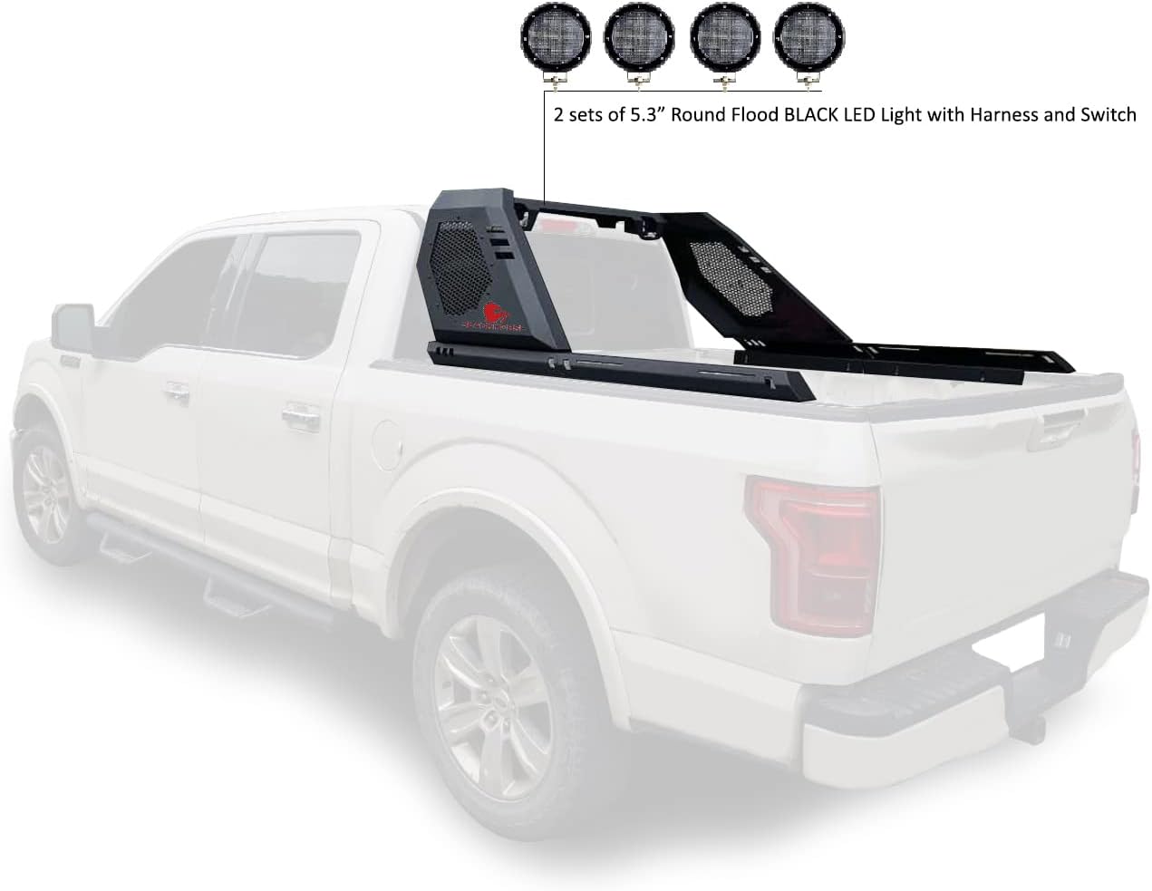 Black Horse Vigor Roll Bar Incl. Set of 5.3" Dia.LED Lights w/Black Trim Rings Compatible with 07-26 Silverado 1500|Sierra 1500|09-10 Ram 1500|11-26 Ram 1500|09-26 F-150|07-26 Tundra