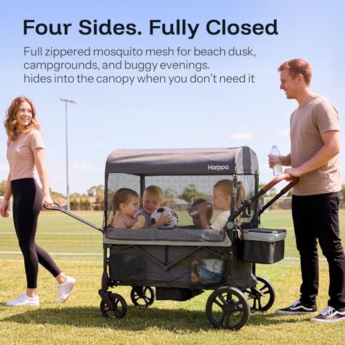 Image of HARPPA Remy Wagon Stroller for 4 Kids, 280Ibs Capacity with Mosquito Net | 26-Inch Wide Seat Row, One-Hand Fold, 6 Cup Holders, UPF50+ Canopy, All-Terrain Wheels for Smooth Outdoor Adventures
