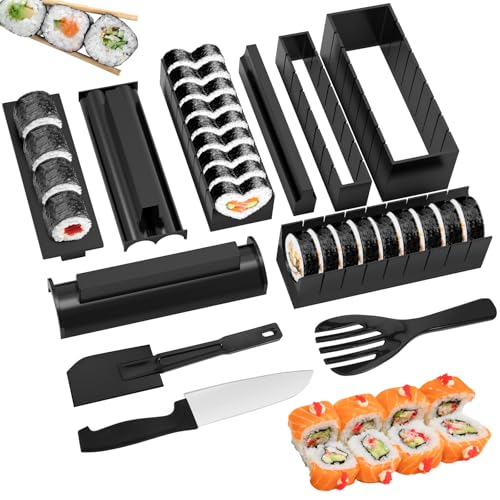 GLOSKIN Kit para Hacer Sushi Kit de Sushi de 10 Piezas con Molde, Cuchara para Arroz, Espátula y Cuchillo, Kit Sushi Completo Principiantes para Principiantes, Bricolaje y para Hacer en Casa, Negro