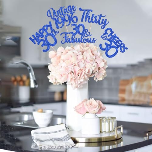 Image of 15 PCS 30th Birthday Centerpiece Sticks Thirty Happy 30 Vintage 1996 Table Flower Centerpieces Sticks Cheers to 30 Fabulous Floral Decorations for 30th Birthday Party Supplies Blue