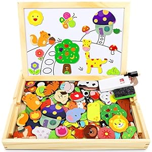 Jojoin Holzpuzzle mit Doppelseitiger Tafel – 110 Stück Magnetische Holzspielzeug – Magnettafel Magnete Kinder…