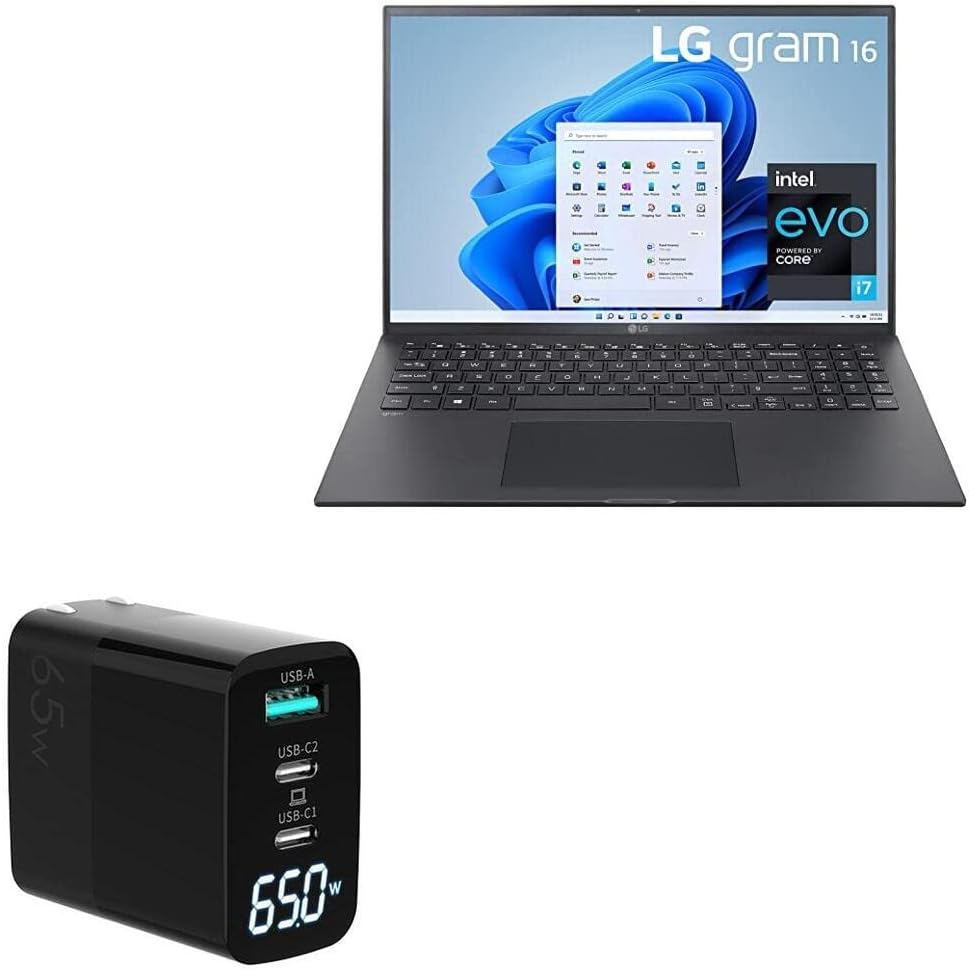 BoxWave Charger Compatible with LG Gram 16 (16Z90P) - PowerDisplay PD Wall Charger (65W), GaN 65W Powerful Folding Plug LCD Display - Jet Black