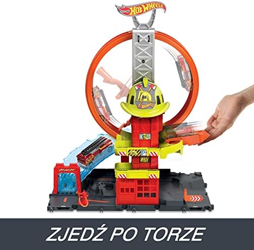 Hot Wheels HKX41 - HW City z 1 samochodem zabawkowym, ręcznie sterowaną windą, rampą przypominającą wodę, elementami toru, remizą strażacką z super pętlą, samochody zabawkowe dla dzieci od 4