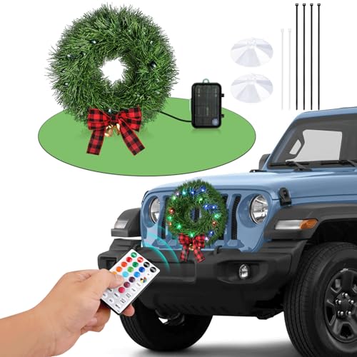 ovsor Christmas Wreath Car Decoration - LED Car Wreath with Remote Control for Christmas Truck Decorations
