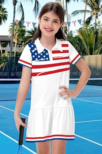 Remimi Girls American Flag Short Sleeve Dress 4th of July Patriotic Dresses 5-14 Years4