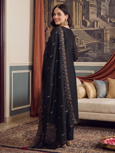 Image of INDO ERA Women's Silk Blend Embroidered Stone Work Straight Kurta & Pant with Dupatta Set | Kurta Sets For Woman
