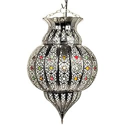 Lamparas Arabes Lámpara colgante oriental plateada Jilan 42 cm, casquillo E27, diseño marroquí, lámpara colgante de Marruecos, lámpara oriental para salón, cocina o colgar sobre la mesa de comedor