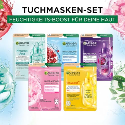 Garnier SkinActive Tuchmasken Set, Tuchmasken für das Gesicht, Feuchtigkeitsspendende Gesichtsmasken, Erfrischend, Revitalisierend, Glättend, Sanft strahlend, Glow boostend, 5 Stück 2