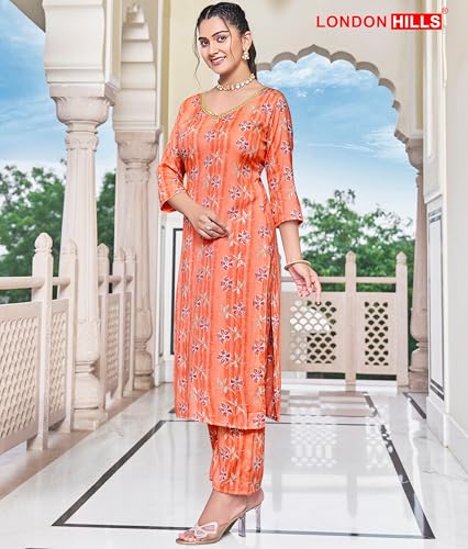Image of London Hills Women Printed Kurta with Pant Salwar Suit Set || Plazo Kurti Cotton Set