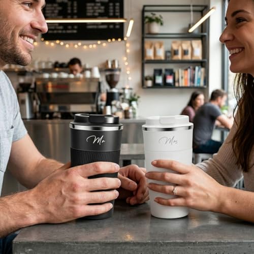 Image of Giftana Mr and Mrs Coffee Tumbler Set of 2, Premium Travel Mugs 510ml, Black and White Couple Gift Set for Bridal Shower, Wedding, Engagement, Anniversary, Bride and Groom Gifts