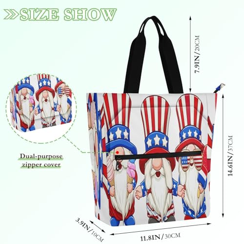 Independence Day Gnome Book Tote Bag,Large Capacity Handbag with Zipper Perfect for School,Travel,Shopping2