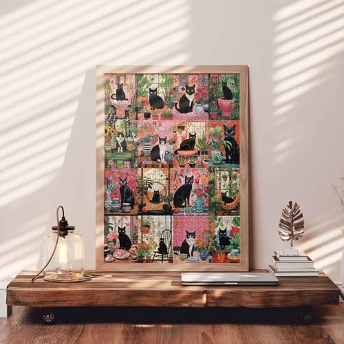 Tucocoo Schwarze Katze Puzzle 1000 Teile, abstraktes Rosa-Grün-Kätzchen-DiY-Set für Hausdeko und Sammlung… – Ansicht 3