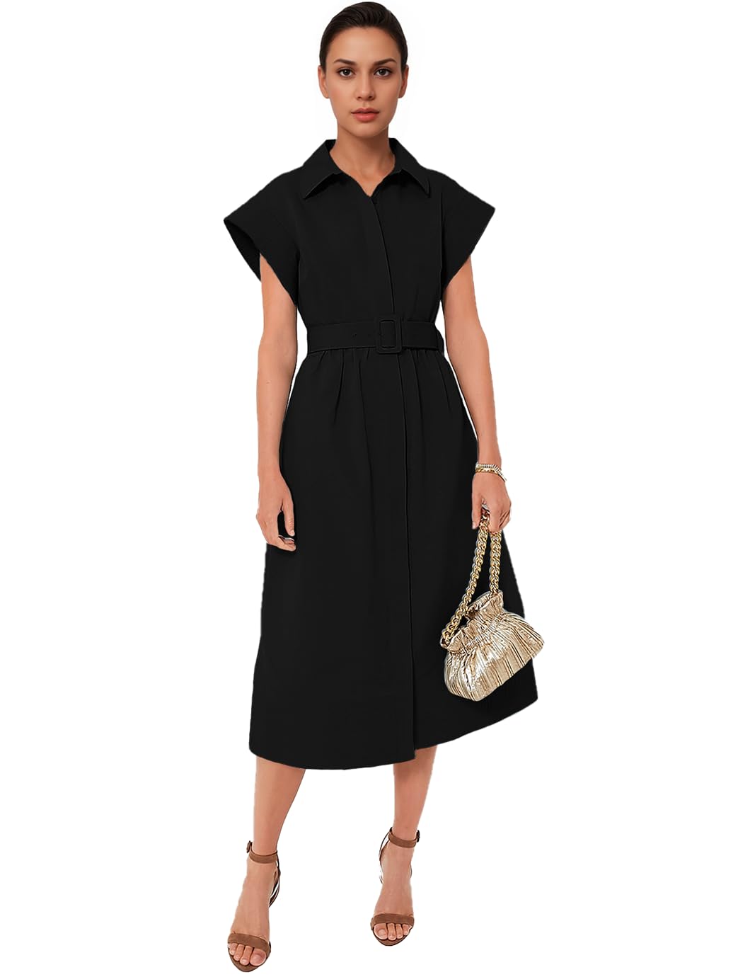 Womens Elegant Midi Shirt Dress Button Down Collared Trench Coat Business Dresses with Belt