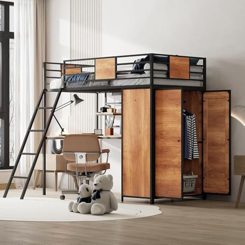 URKV Twin Size Metal Loft Bed with Built-in L-Shape Desk and Wood Wardrobe, Heavy-Duty Slats Support Bed Frame with Guardrails and Ladders for Bedroom Dorm Children's Room,