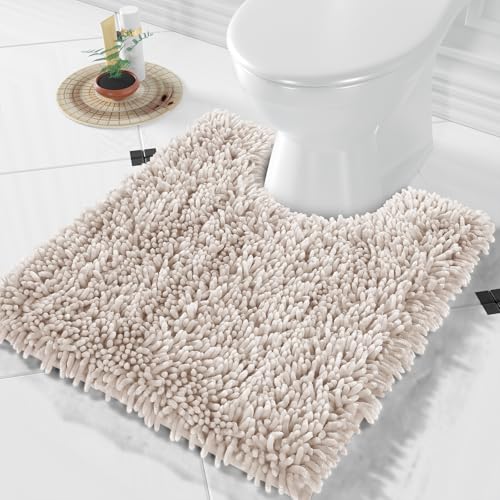 Image of Yimobra Toilet Rugs U Shaped Washable, Extra Thick Soft Absorbent Chenille Contour Bathroom Rugs for Toilet 24x20 Inch, Quick Dry Non Slip Toilet Mat for Bath Floor, Khaki