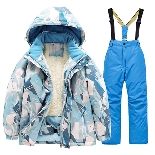 Boys' Girls' Snowsuit 2 Piece Set Hooded Puffer Down Jacket Coat with Ski Bib Pants Ski Suit (Sky Blue, 7-8 Years)