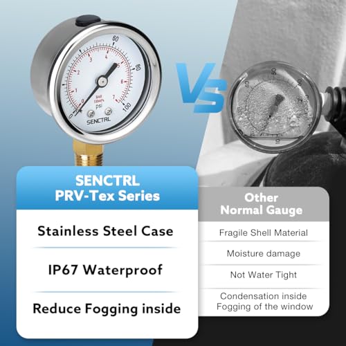 Image of SENCTRL 0-100 Psi Pressure Gauge, 2 inch Dial Size, 1 /4 NPT Lower Mount, Anti-Fog, Waterproof, Stainless Steel Case, for Water Filter Well Pump Air Tire Low Pressure Test