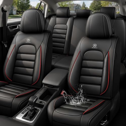 Image of Car Seat Covers, Waterproof PU Leather, Universal Fit for Toyota Camry 2015-2024, Black&Red, Full Set
