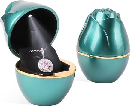 Rolin Roly Green Pendant Box with LED Light Rose Jewelry Necklace Case Jewellry Display Gift Boxes for Wedding Pendants Box Ceremony Engagement Proposal Anniversary