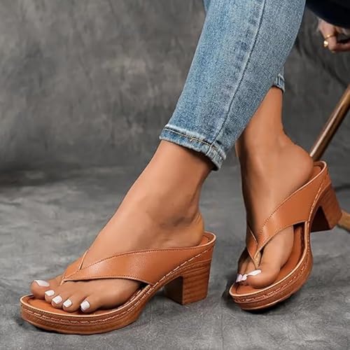 Women's Solid Color Summer Chunky Heel Sandals,Slip on Open Toe Square Toe Comfortable Heeled Sandals Mules Flip Flops4