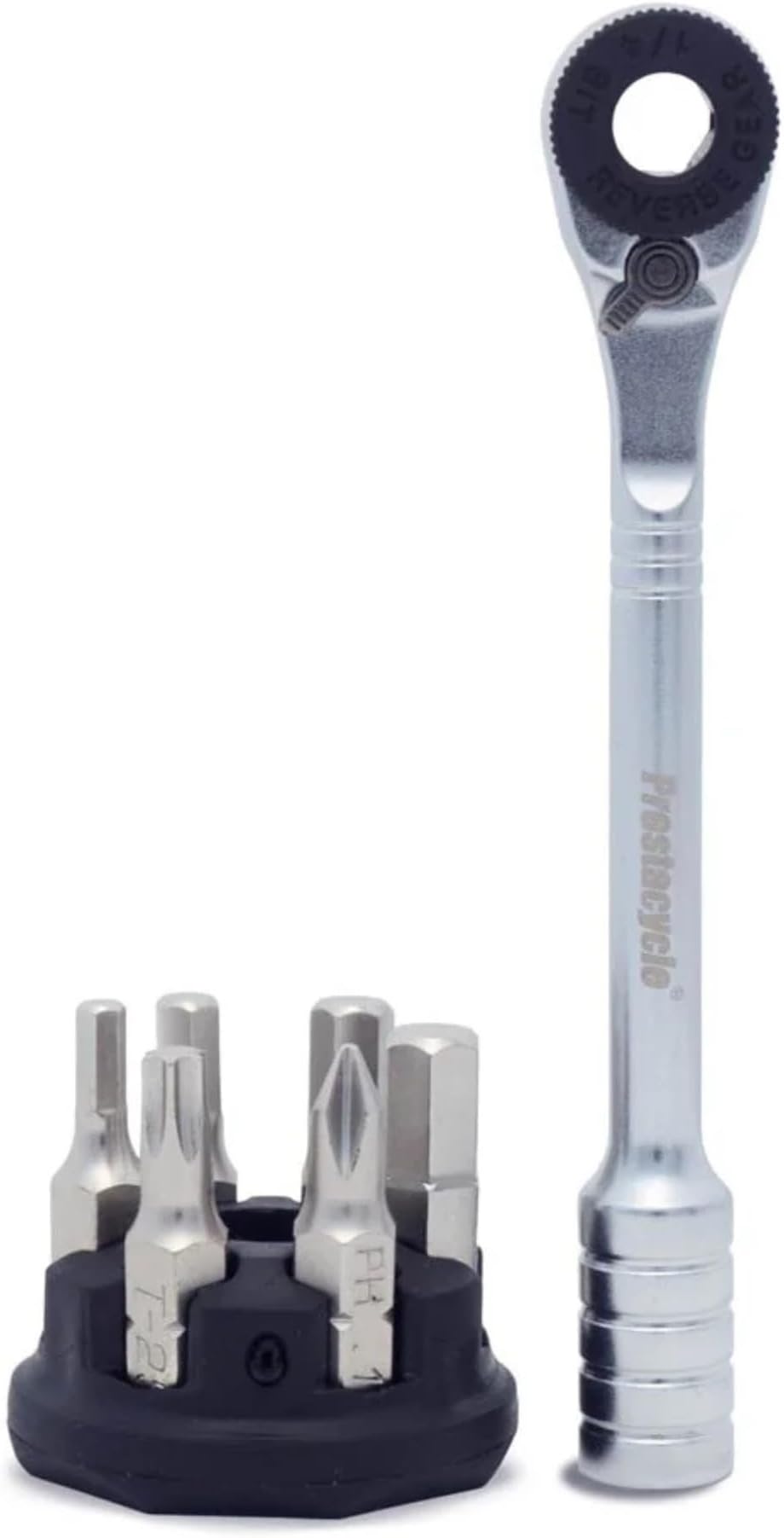 Prestacycle Prestaratchet Micro Pocket Ratchet Kit with (6) S2 Bits and Round Holder Stand – Compact 1/4" Hex Ratchet Tool, Reversible Thumb-Wheel, Heavy-Duty 40Nm Torque
