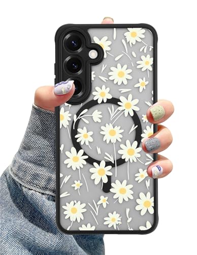 Aitipy Compatible with MagSafe Case for Samsung Galaxy S25, Cute Daisy Aesthetic Flower Pattern Magnetic Design Phone Case, Soft TPU Protective Phone Cover for Women Girls-Black
