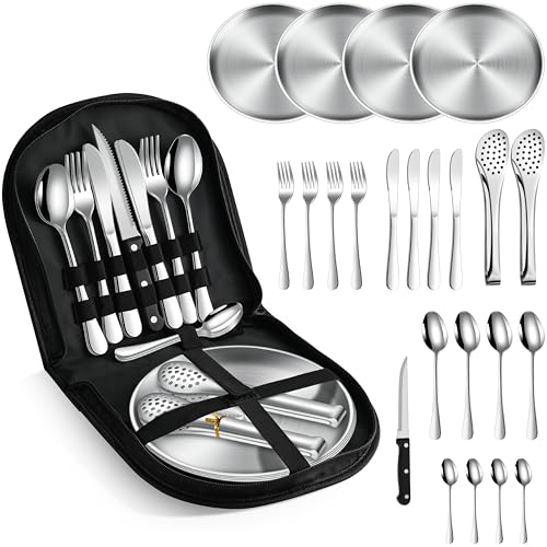 [Cubertería 23 piezas] Juego de cubiertos de acampada para 4 personas – Vajilla de camping con tenedores, cuchillos, cucharas y platos. Ideal para exterior, picnic, barbacoa, playa. [Acero Inoxidable]
