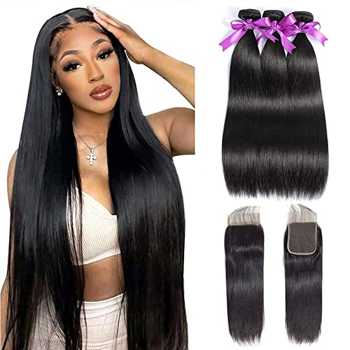 Cheveux brésiliens vierges droits 3 tissages avec closure pour un lissage luxe soyeux