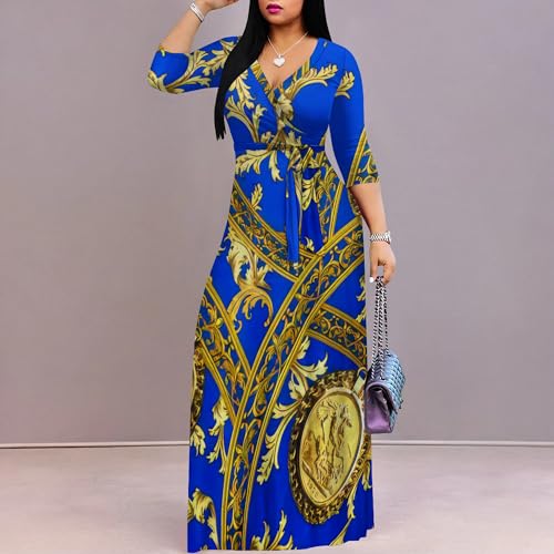 Image of PinkPatty Women's Print Maxi Dresses 3 /4 Sleeve Flowy Long Dress V Neck Wrap Tie Waist Sundress