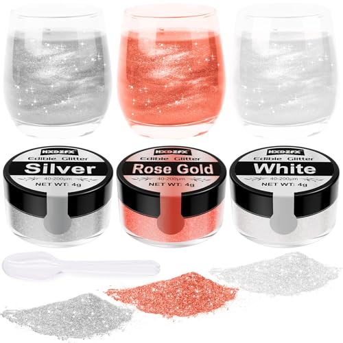 Edible Glitter - 3 Colours 100% Edible Glitter for Cakes, Drinks, Cake Decorations, Chocolates, Cocktail, etc (4g Each, White, Silver, Rose Gold)