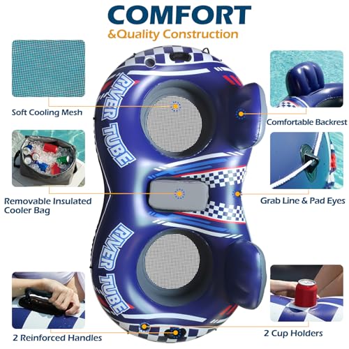 Image of Jasonwell Inflatable River Tube Float - 2 Person Heavy Duty River Float Pool Floats with Removable Cooler Lake Water Tubes for Floating River Raft Lounge Floatie with 2 Cup Holders for Adults (D-Blue)