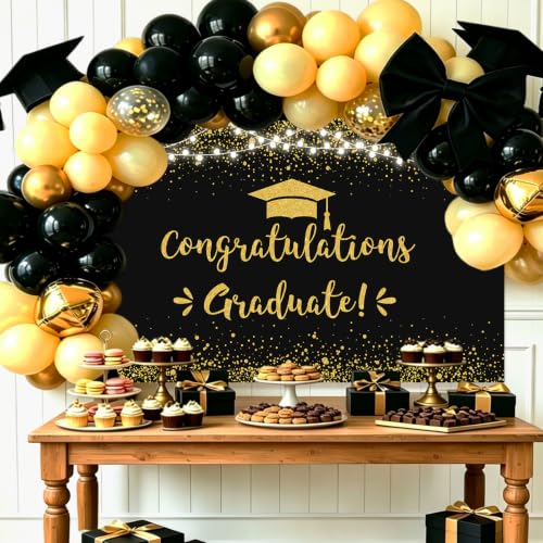 MEHOFOND 7x5ft Black and Gold Graduation Backdrop Class of 2026 Graduation Party Decorations Congratulation Graduate Backdrop 2026 Congrats Grad Banner Prom Party Decoration Photo Booth Props - image 2