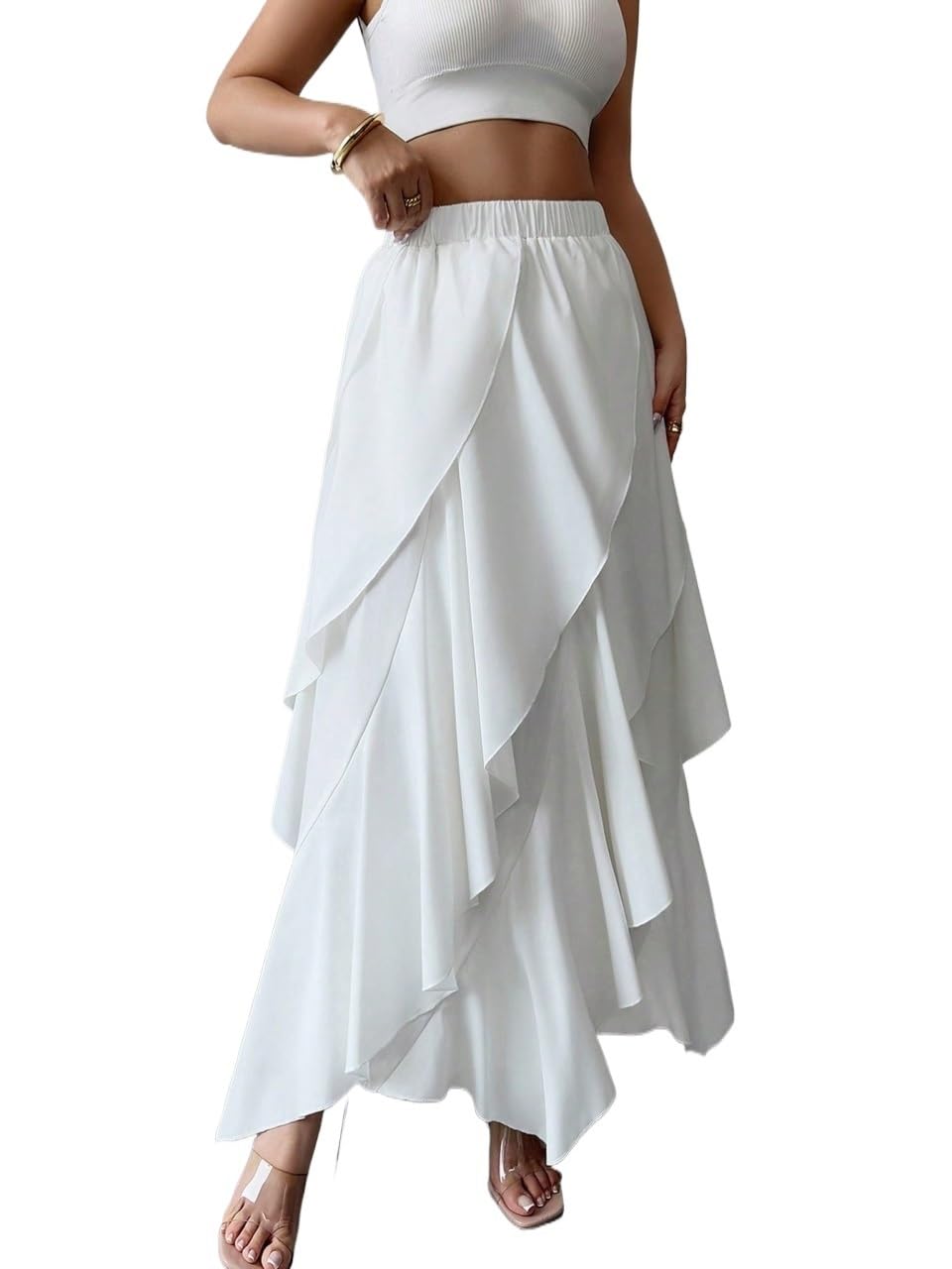 Womens Trendy Elegant Skirt Casual Solid Color Ruffle Hem Skirt