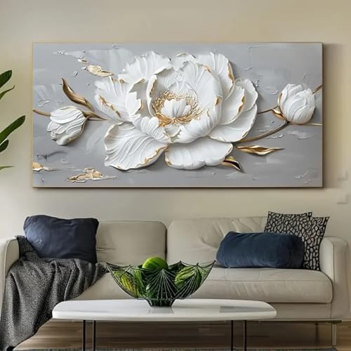Tableau de luxe abstrait fleurs dorées avec cadre de salon