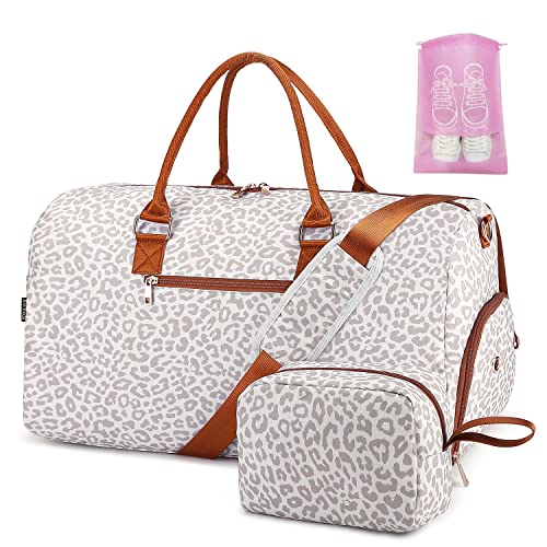 Image of Duffle Bag for Travel, Weekender Bag with Shoe Compartment, Carry On Overnight Bag for Women with Toiletry Bag, Gym Bag with Wet Pocket, Hospital Bags for Labor and Delivery Beige, Desert Leopard