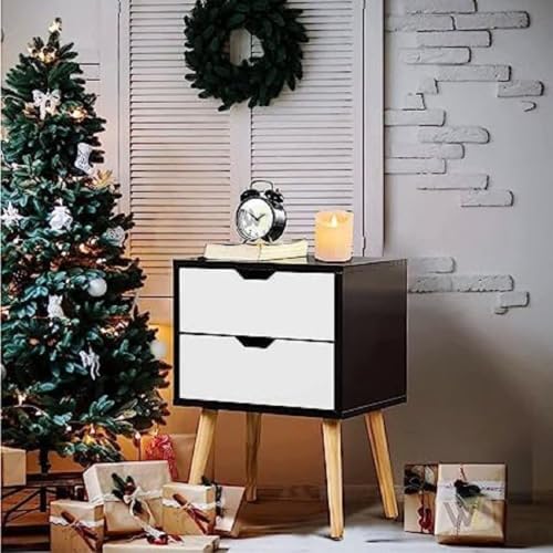 Image of Brown Art SHOPPEE 2-Drawer End Side Table with Drawer and Solid Wood Legs, Bedside Table for Bedrooms, Mid-Century Modern Drawer Storage Cabinet for Bedroom & Furniture (Black & White)