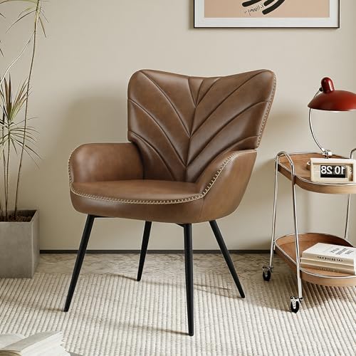 MALOL Modern Mid-Century Faux Leather Accent Chair, Upholstered Armchair with Curved Backrest, Sturdy Metal Base, Living Room, Bedroom & Reading Nook,Brown