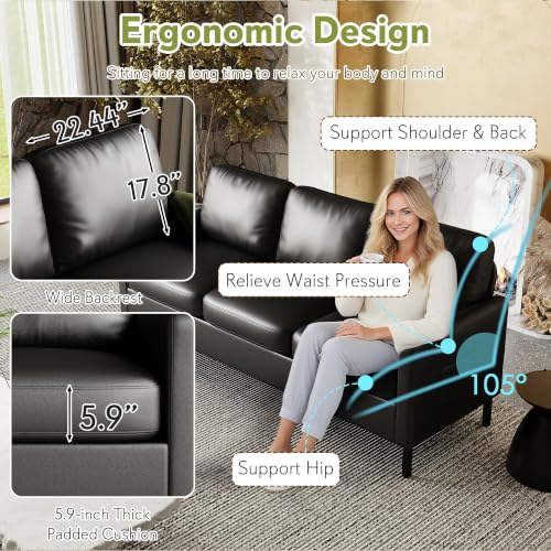 Image of Modern 3-Piece Living Room Set, 72 inch Black Faux Leather Couch 56 inch Loveseat | STHOUYN Small Couch and Chair Set with USB Ports for Small Space, Apartment, Office (Black, 1 Chair + 1 Loveseat + 1 Couch)