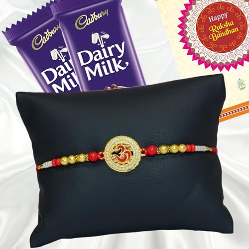 Image of Canton Rakhii Gift for Brother with Chocolate - Designer Rakhi for Brother with Cadbury Gift Hamper Pack, Roli Kumkum & Greeting Card (Design-4, 1 Rakhi + Cadbury)