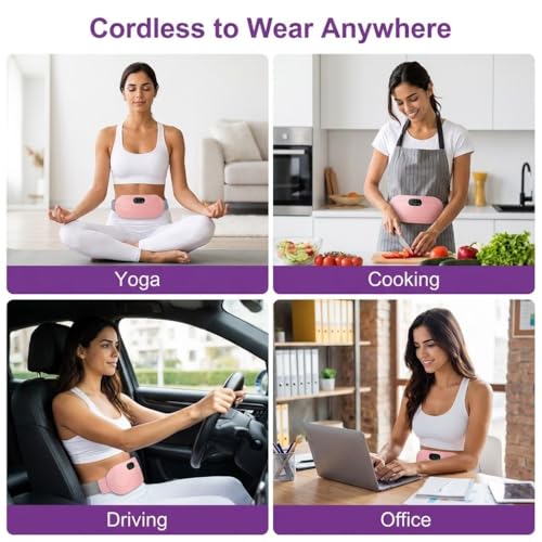 Image of Heating Pad for Period Cramps, Portable Menstrual Heating Pad - Pink | Cordless Pink heating belt with 4 heat levels, 4 massage modes & rechargeable design for period pain relief